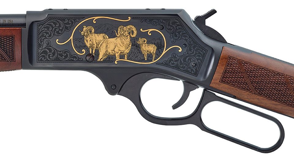 Detailed view of engraved lever-action rifle by Henry Repeating Arms