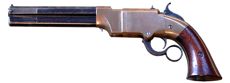 Classic lever-action revolver handgun with wooden grip and metal body