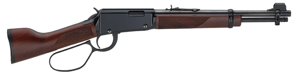 Iconic American lever-action rifle with wooden stock and black metal body