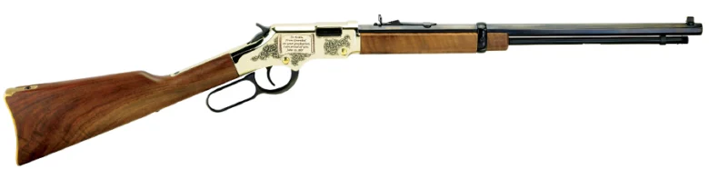 Personalized Henry lever-action rifle with unique 20-word inscription on the receiver cover