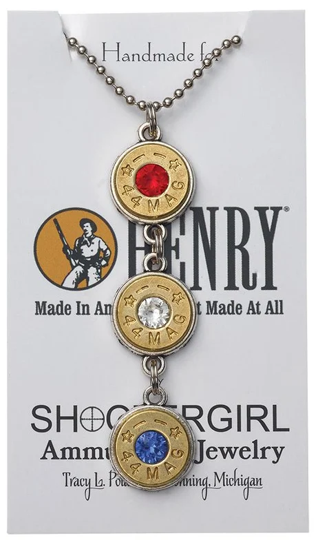 Triple stacked casing necklaces from Henry Repeating Arms Ammunition Jewelry collection