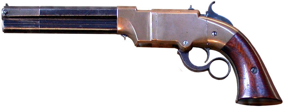 Volcanic repeater mechanism, here as a pistol. Edited from the ﬁle Volcanic by Homo.