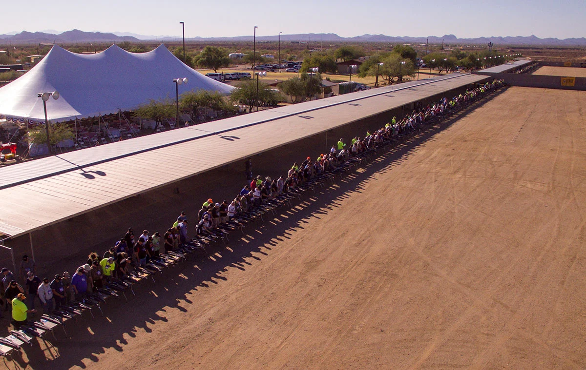 Aerial view of large group of shooters at 1000 Man Shoot event for Henry Repeating Arms