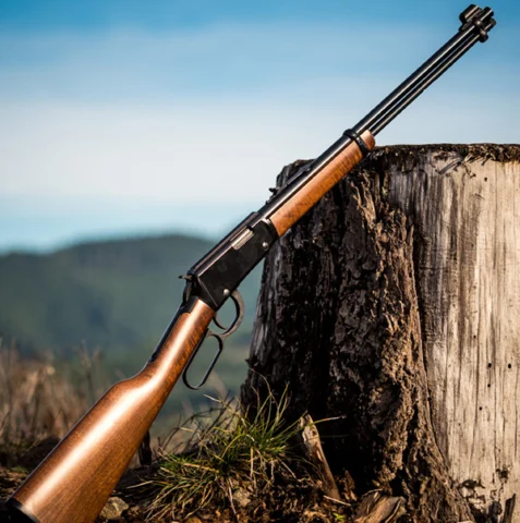 Custom Henry Repeating Arms lever-action rifle with engraved walnut stock for law enforcement