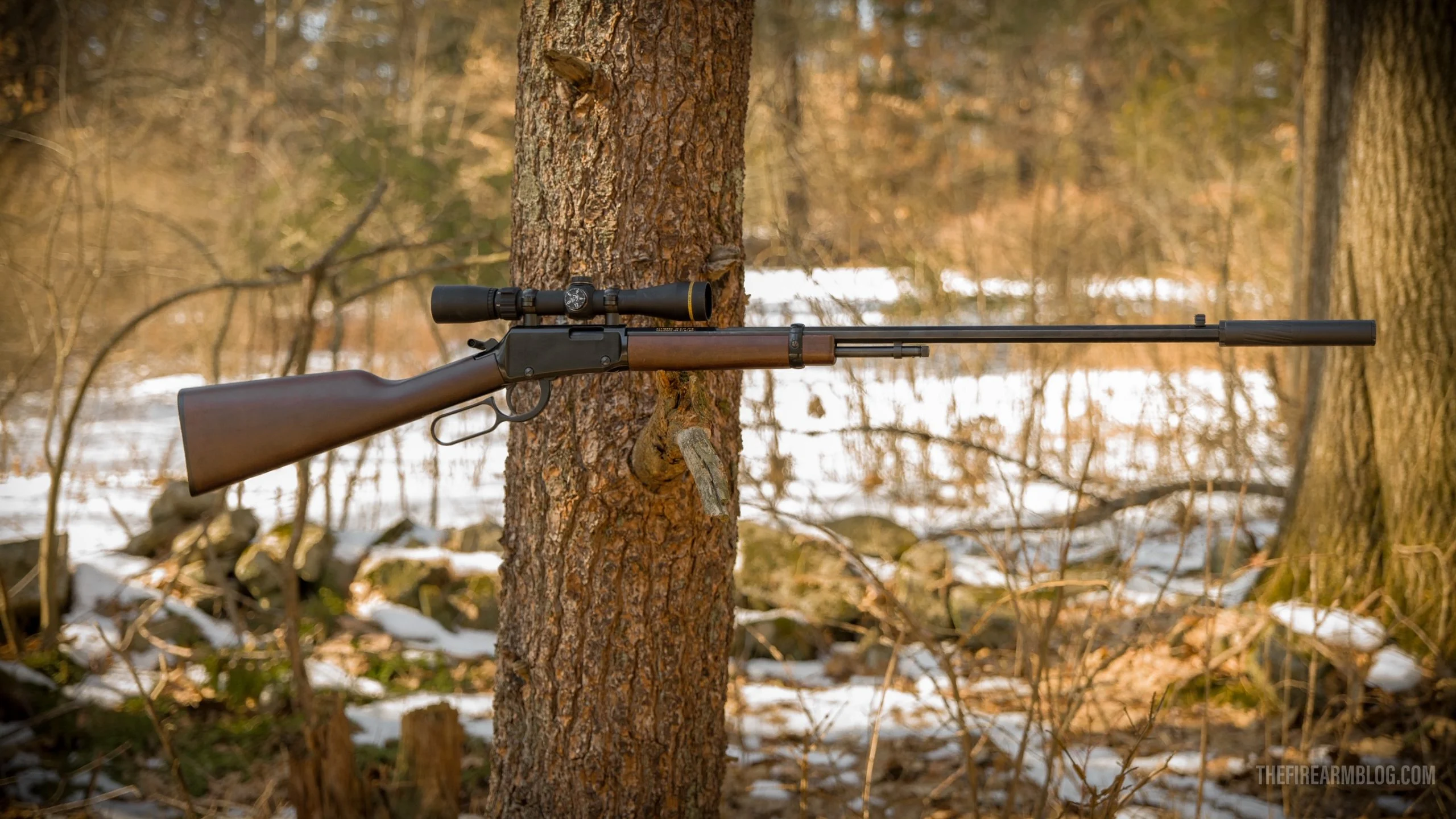 Custom Henry Repeating Arms lever-action rifle with department badge engraved on genuine American walnut stock, designed for law enforcement use