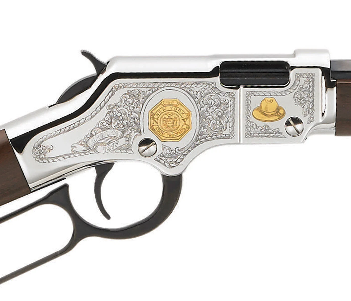Custom engraved Henry Golden Boy lever-action rifle with intricate gold and silver engraved details