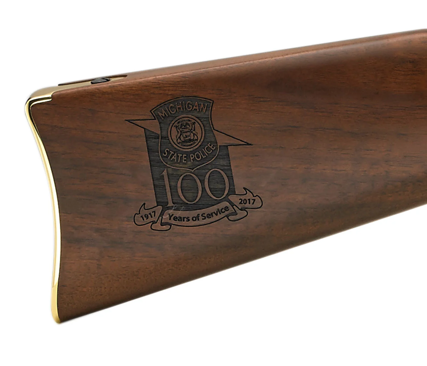 Custom Henry rifle engraved with Michigan State Police 100th anniversary logo on walnut stock