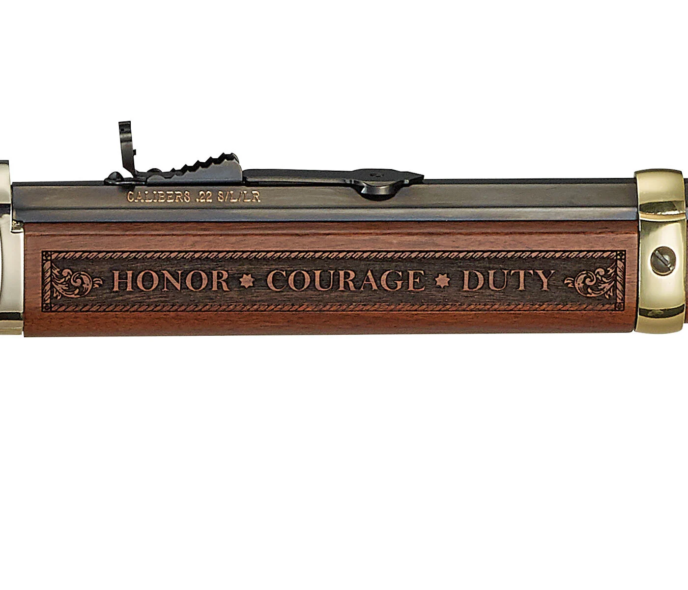 Custom engraved Henry Repeating Arms lever-action rifle with 'Honor Courage Duty' text on American walnut stock
