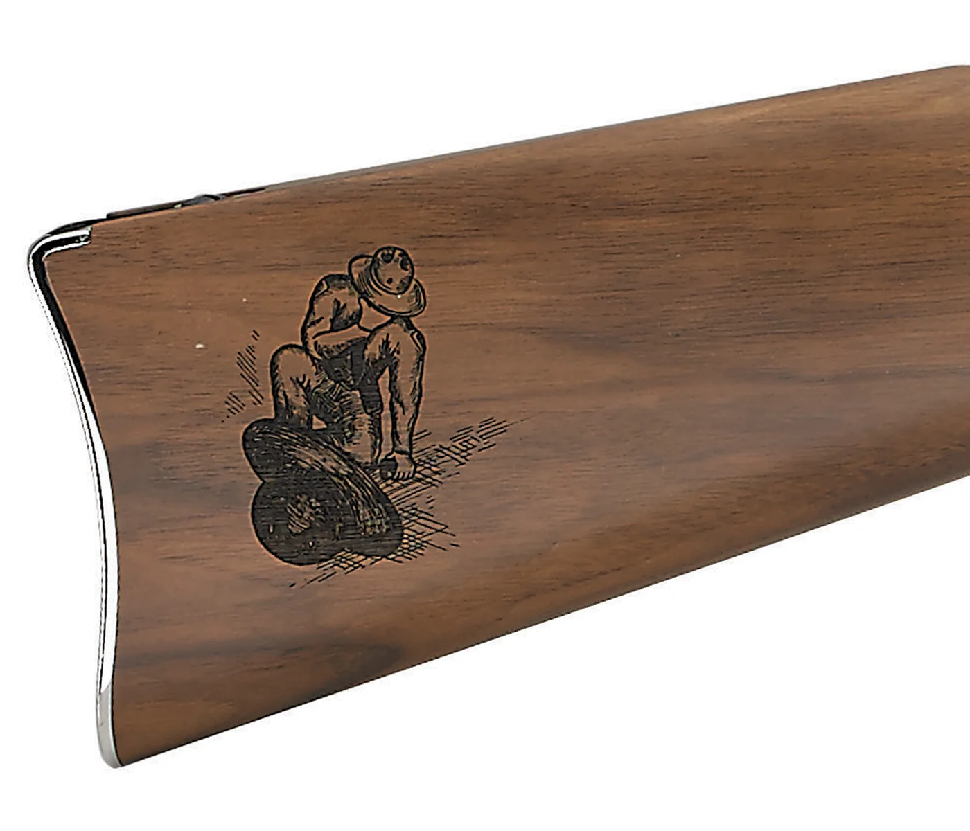 Closeup of custom engraved American walnut buttstock on Henry lever-action rifle