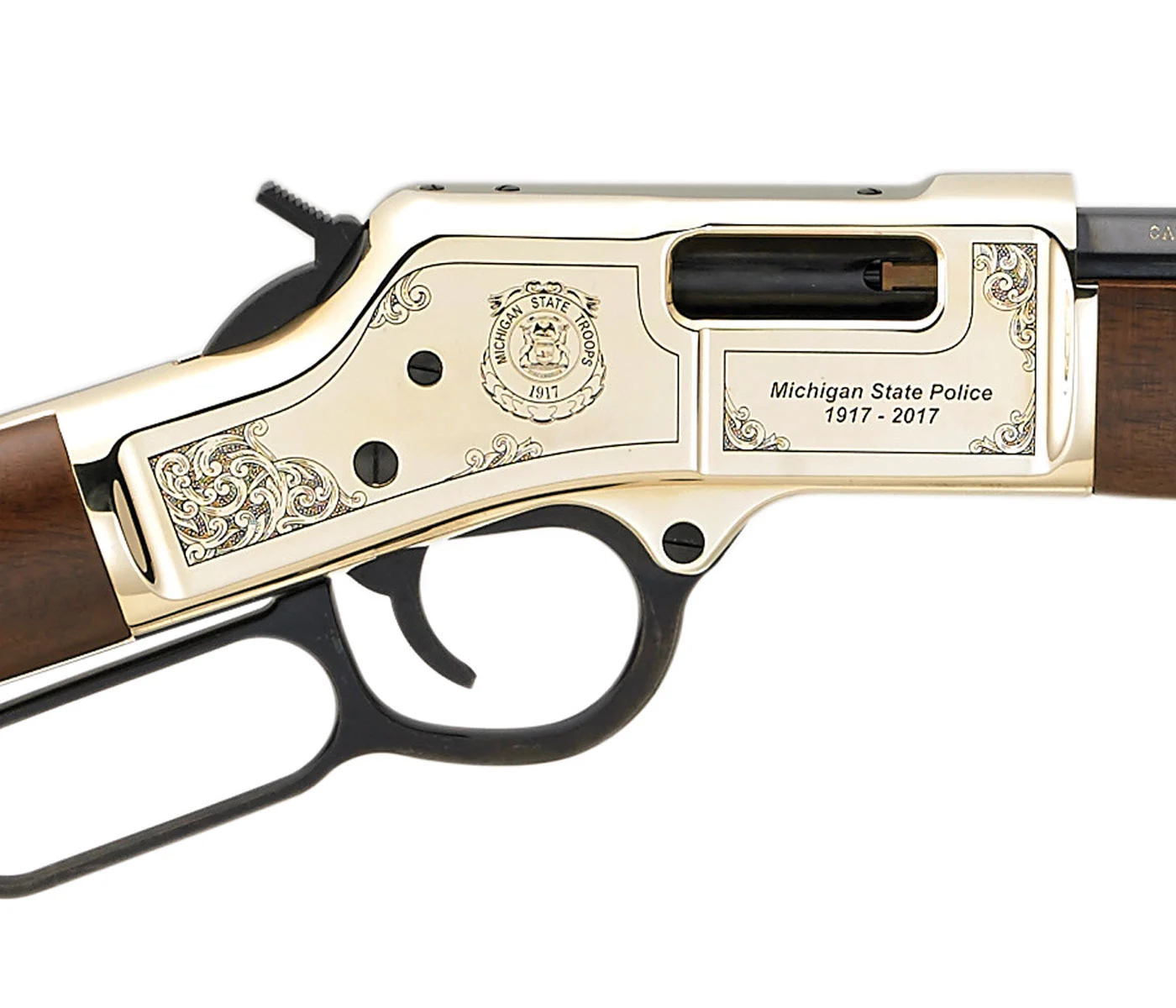 Custom Henry lever-action rifle engraved with Michigan State Police insignia