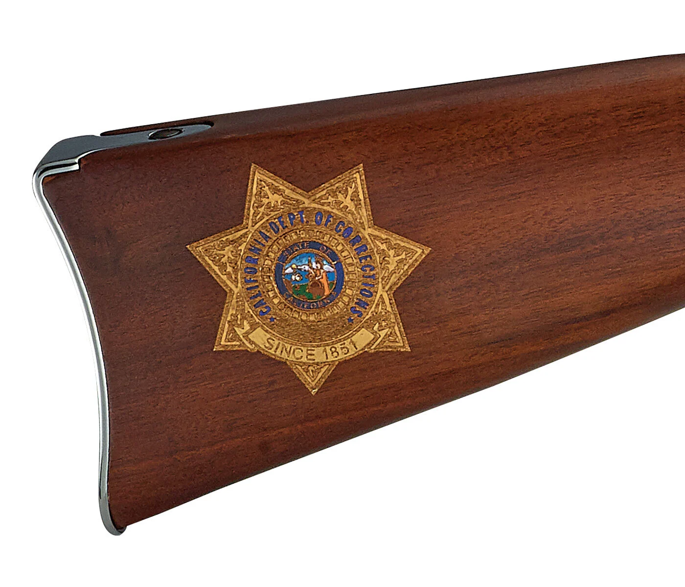 Custom Henry Repeating Arms rifles engraved with California law enforcement department badge on walnut stock