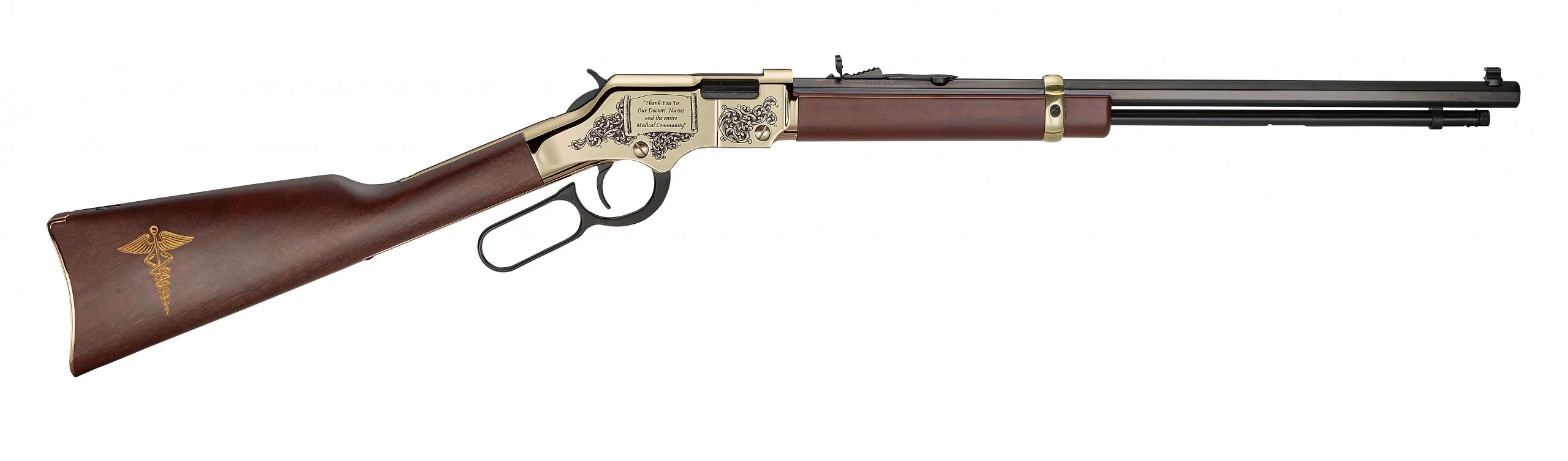 Henry Repeating Arms custom lever-action rifle with wood stock and silver-colored metal parts