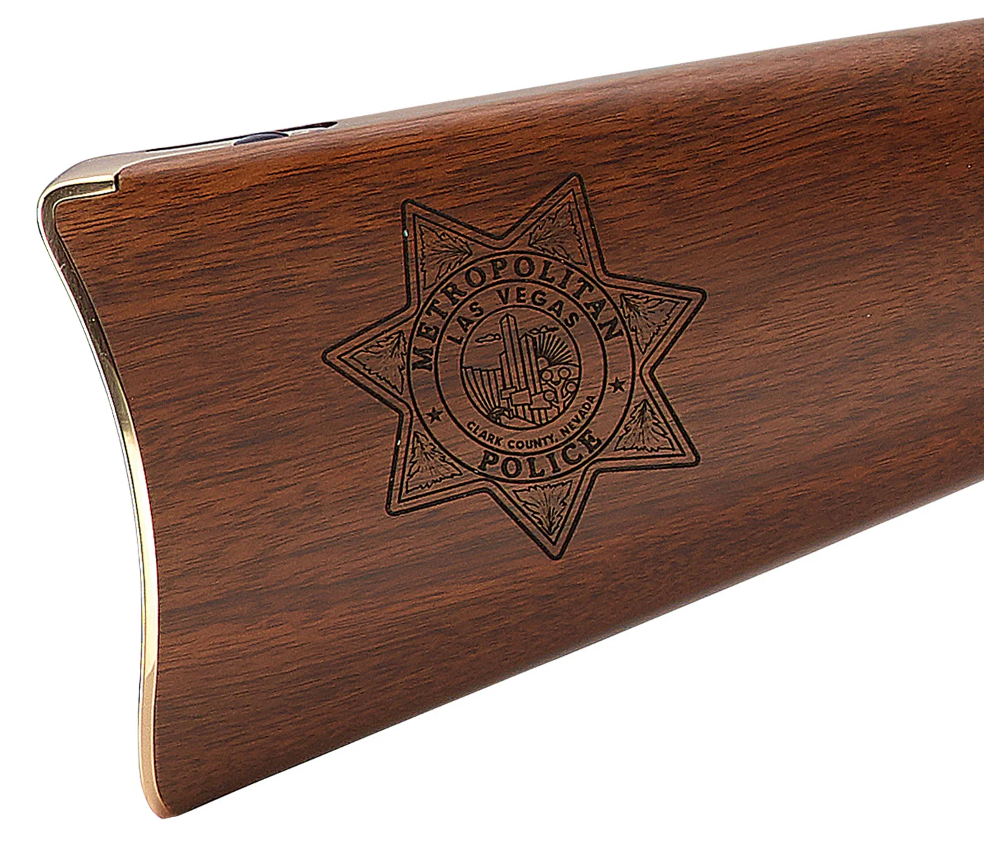 Engraved custom American walnut rifle stock with Henry Repeating Arms logo and badge