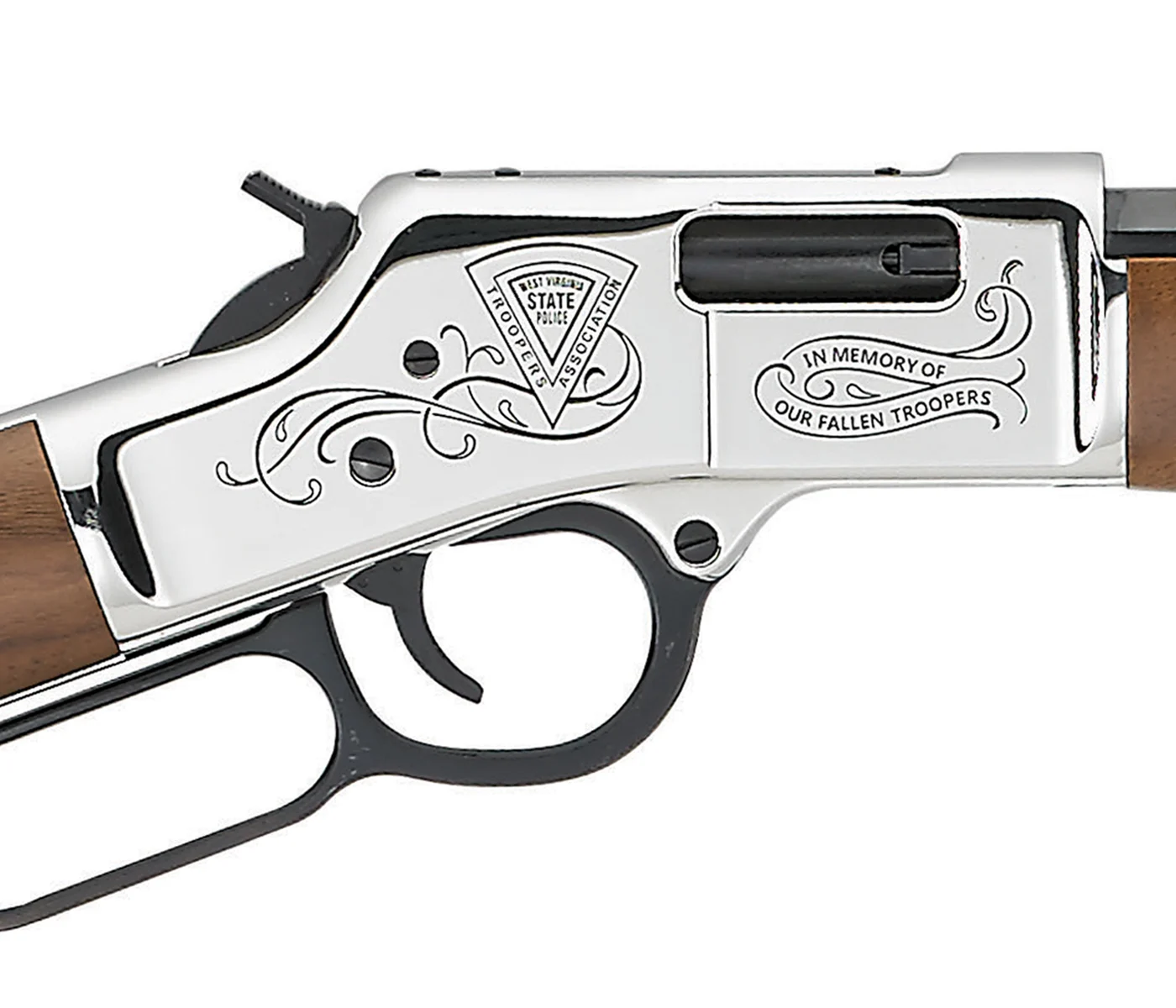 Custom Henry repeating rifle with engraved walnut stock for law enforcement department