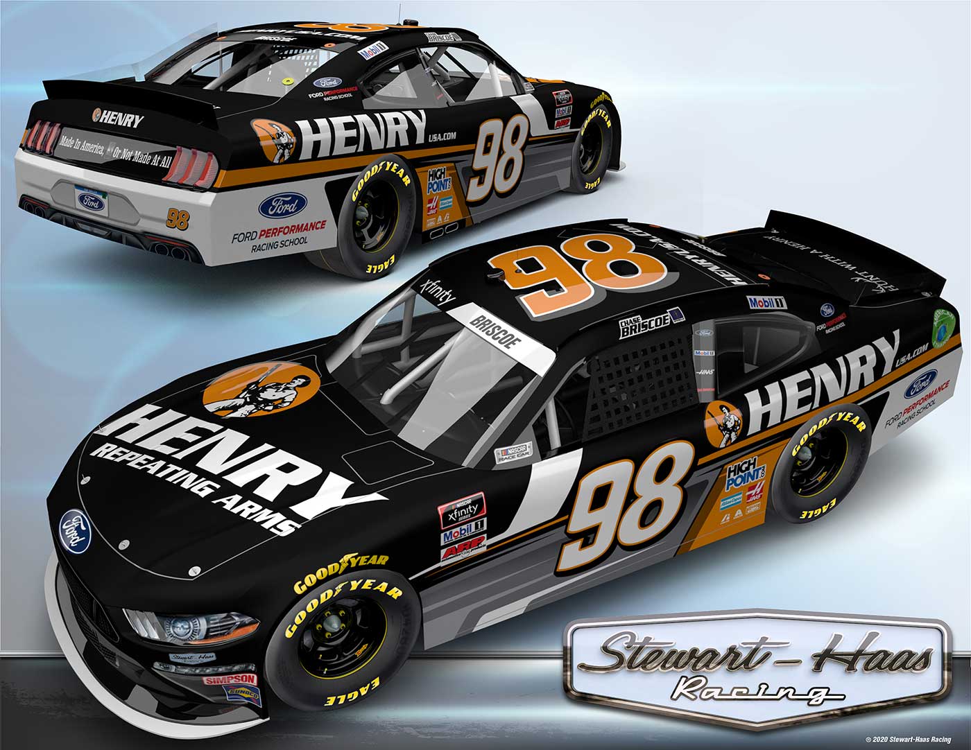 Henry Repeating Arms No. 98 NASCAR race car featuring the company's branding and livery