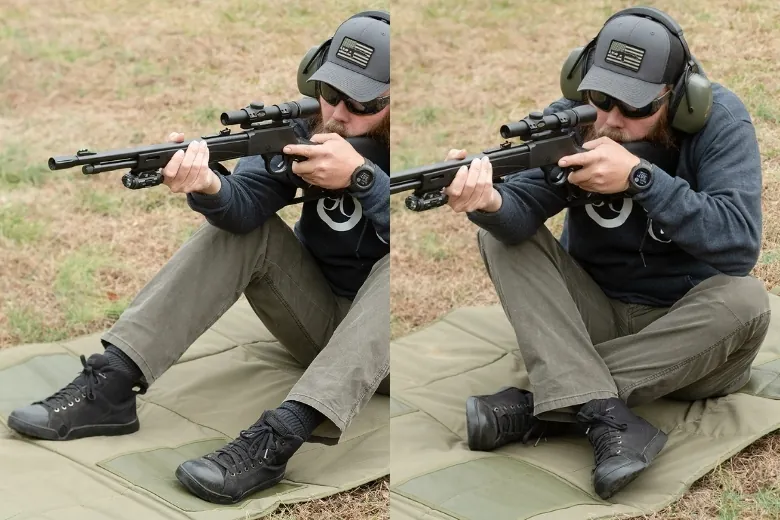 Side-by-side photo showing two types of sitting positions while aiming a rifle - one with open legs and the other with crossed legs