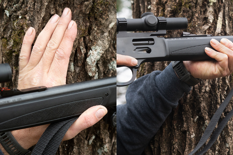 Side-by-side image. Left side shows hand resting against tree. Right side show shooter leaning against tree.