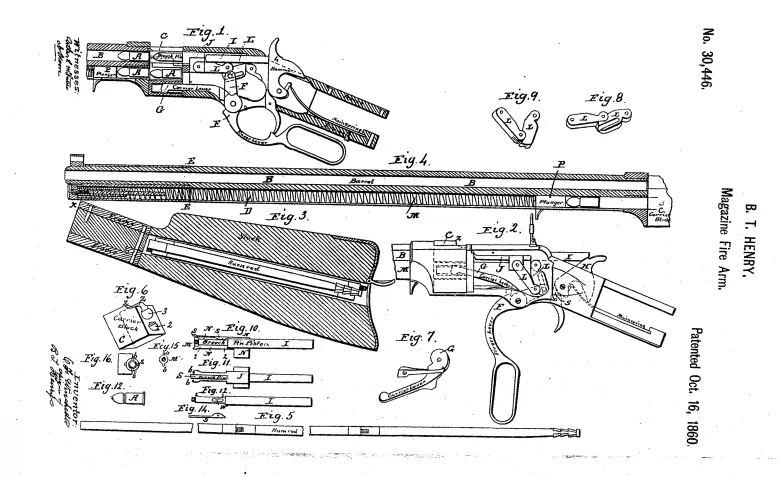 Black and white technical drawing of the original patent for the Henry rifle