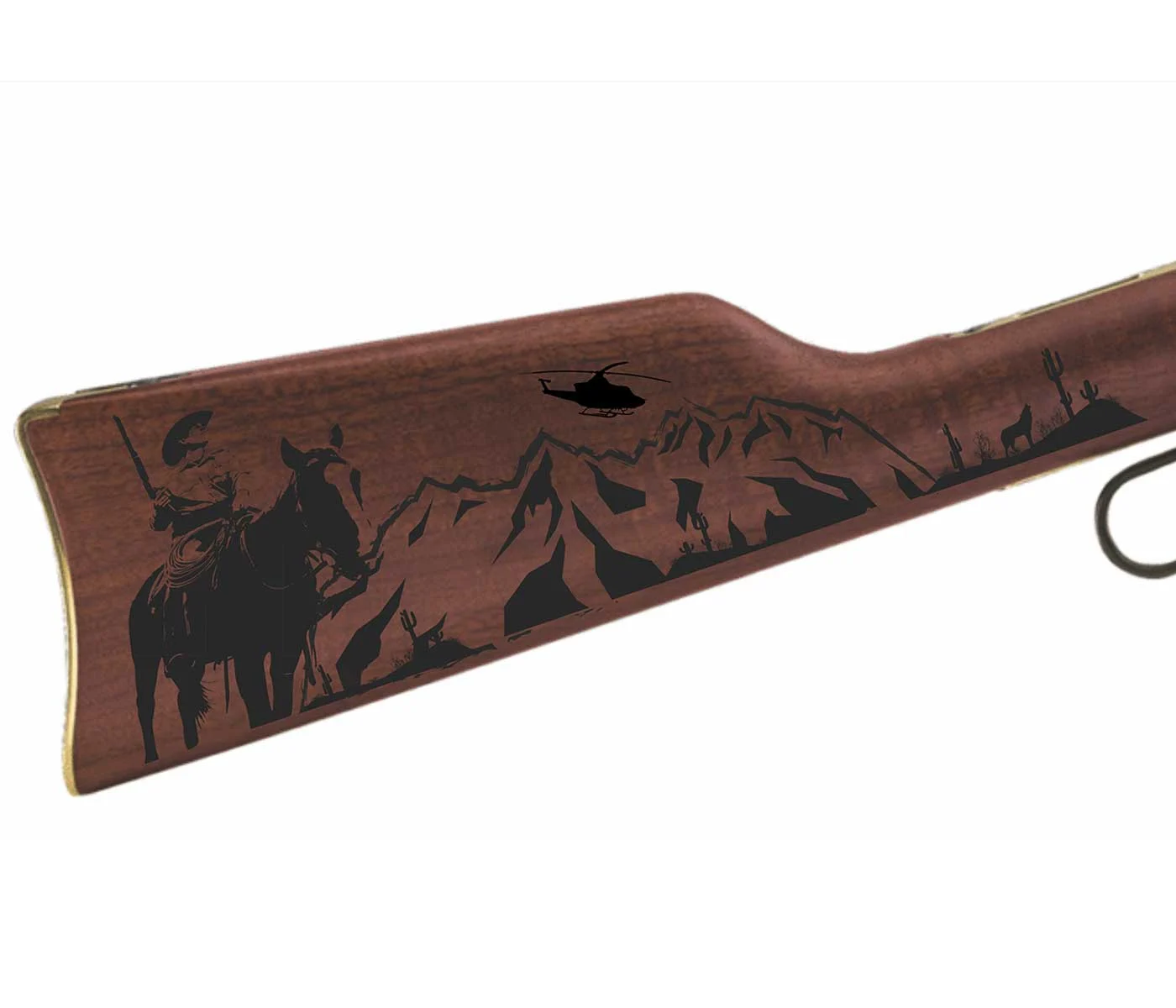 Custom engraved Henry lever-action rifle with mountain landscape design