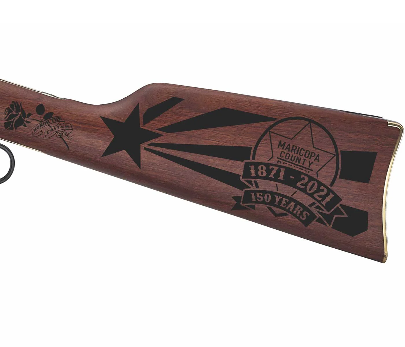 Custom Henry rifle engraved with Maricopa County Sheriff's Office 150th anniversary logo