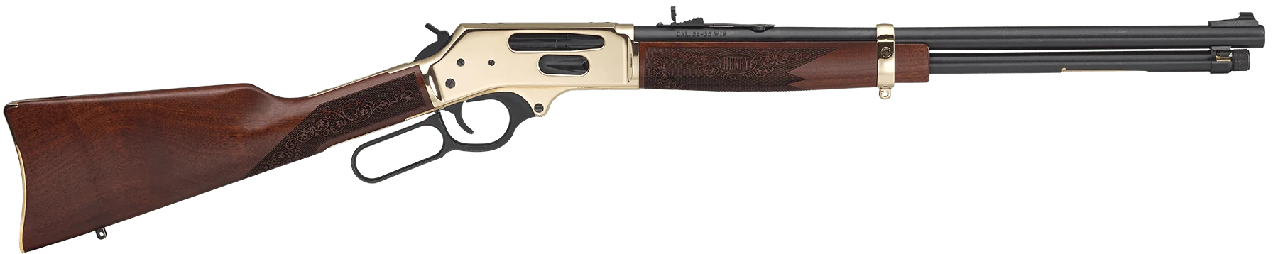 Side view of a Henry lever-action repeating rifle with a wooden stock and receiver, featuring a lever action mechanism and a steel barrel.