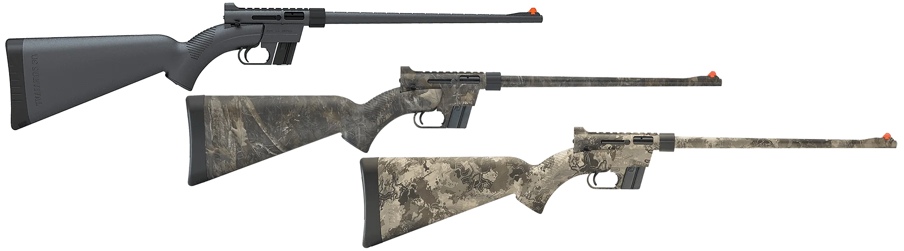 Henry lever-action rifles with camouflage patterns and accessories