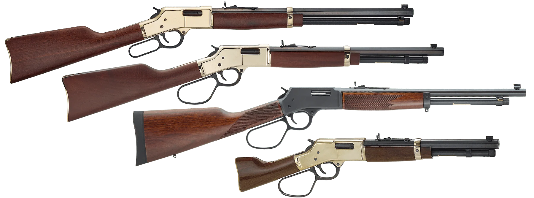 Collection of Henry lever-action rifles, including Big Boy models in various calibers and finishes