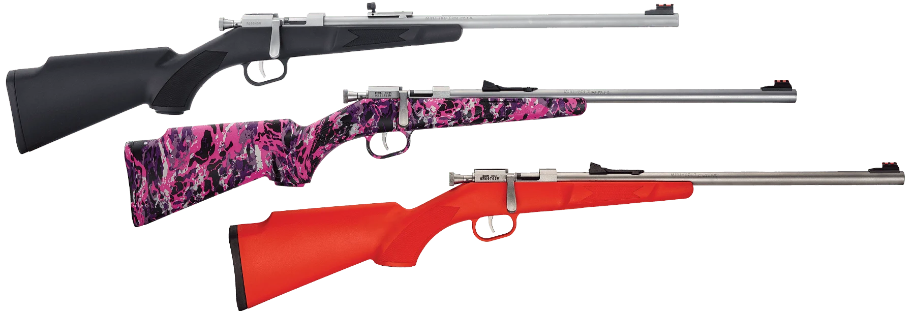 Variety of Henry Mini Bolt .22 S/L/LR rifles with different camouflage patterns and finishes