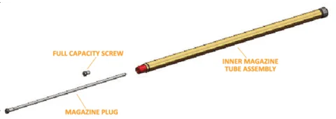 Detailed diagram showing key components of a Henry lever-action 410 bore shotgun, including the magazine tube, magazine plug, and full capacity screw