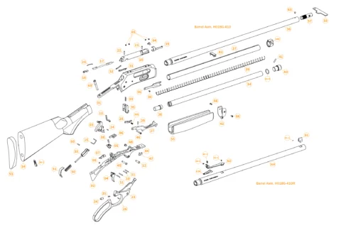 Exploded view diagram of Henry lever-action 410 bore shotgun components and parts