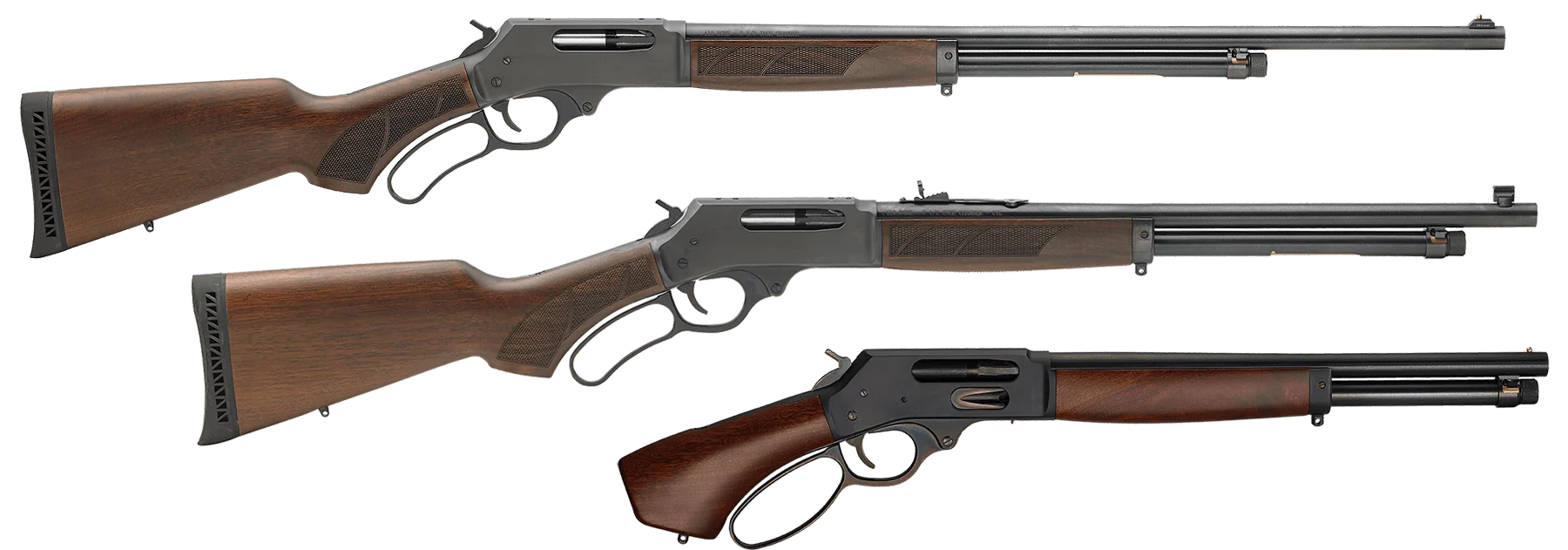 Lineup of Henry lever-action rifle models in various calibers and styles