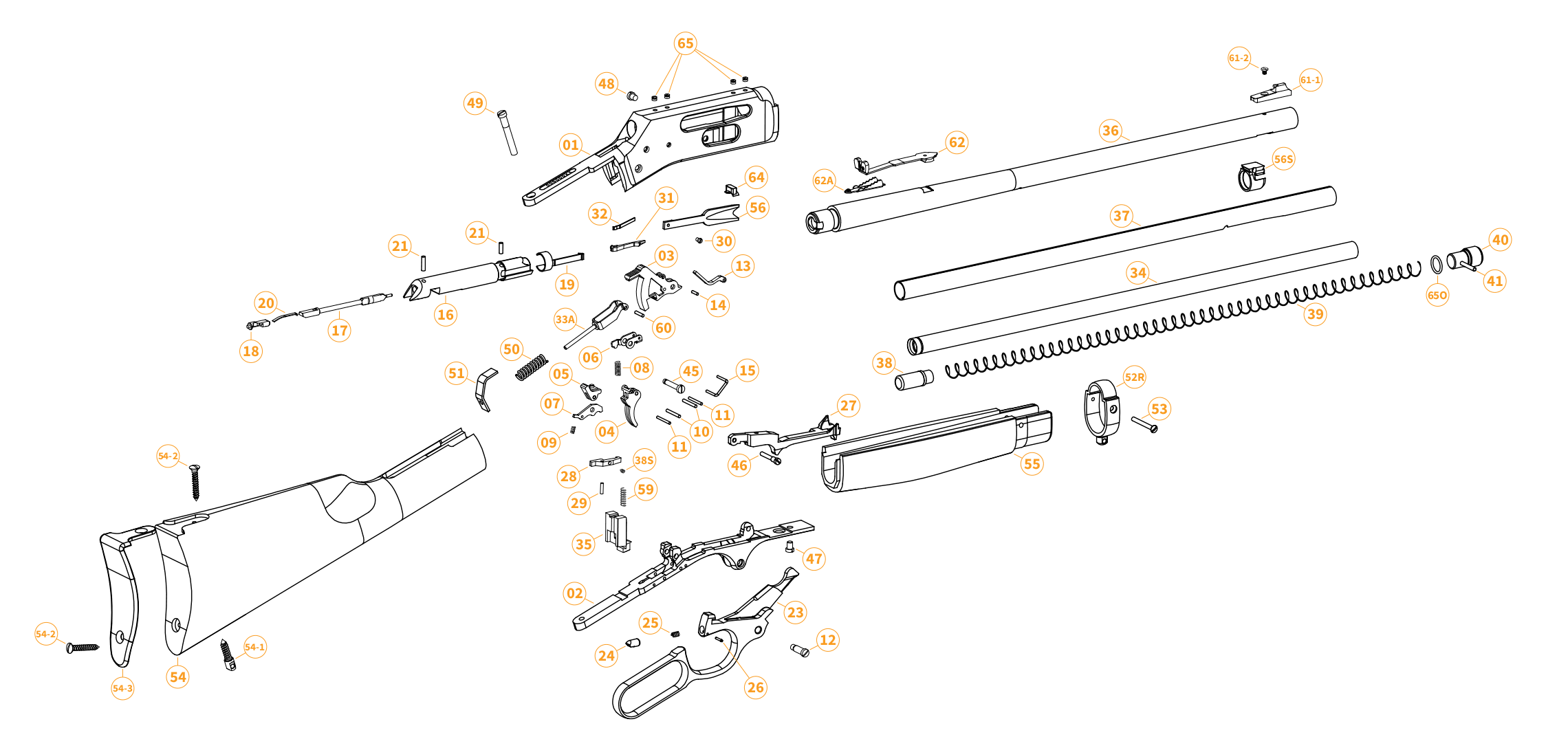 Exploded parts diagram of a Henry Side-Gate Lever Action rifle, showing the various components and mechanisms of this lever-action firearm