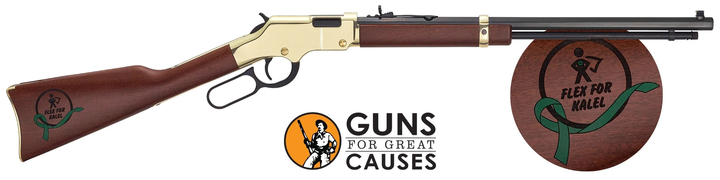 Henry lever-action rifle with 'Flex for Kalel' branding to raise funds for 8-year-old with Duchenne muscular dystrophy