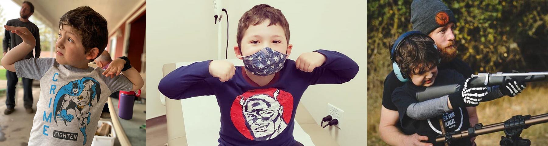 Young boy wearing 'Flex For Kalel' limited edition Henry Repeating Arms shirt