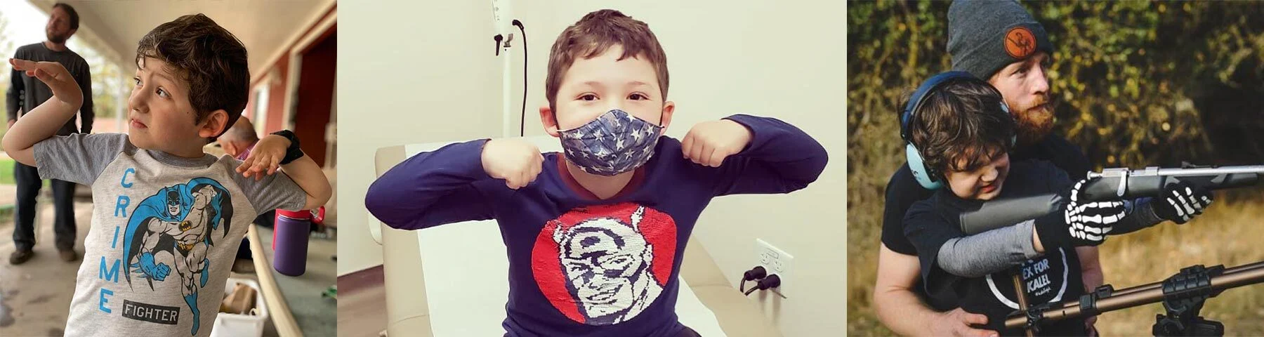 Young boy wearing 'Flex For Kalel' limited edition Henry Repeating Arms shirt