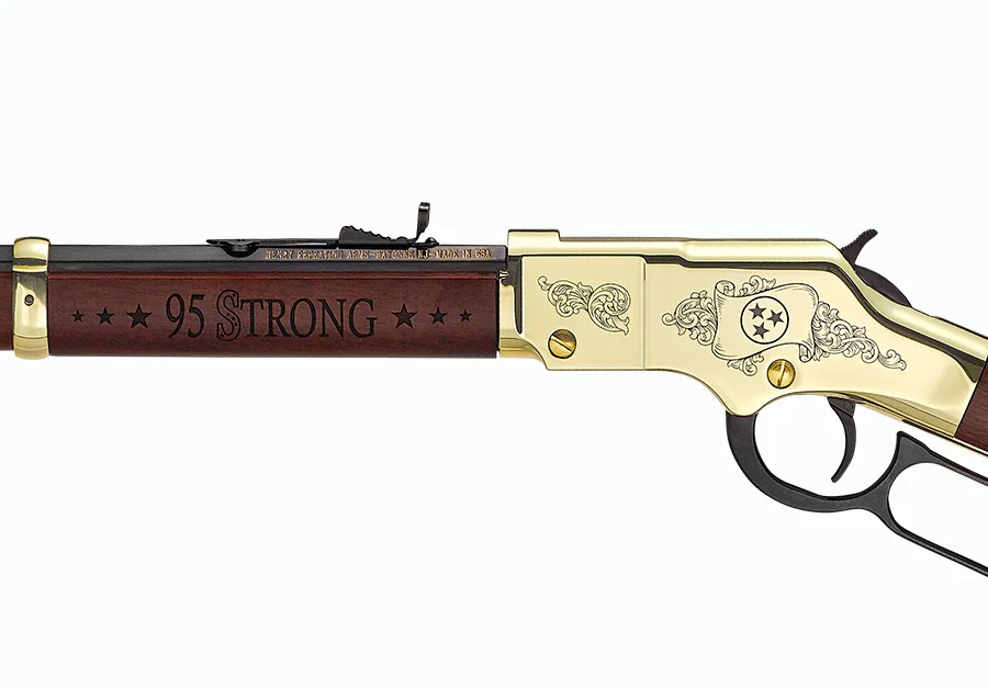 Custom Henry Golden Boy lever-action rifle with 95 Strong engraved on receiver