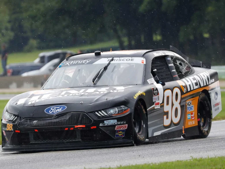 Henry Repeating Arms NASCAR racing car speeding on a race track