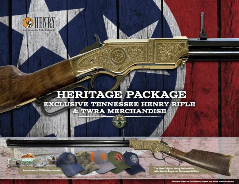 Engraved Henry rifle and accessories in a heritage-themed display