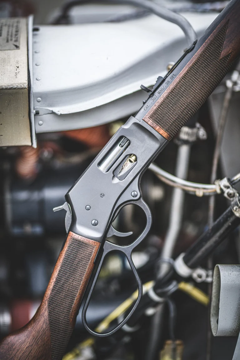 Close-up of lever-action rifle from Henry Repeating Arms, a classic American firearm design