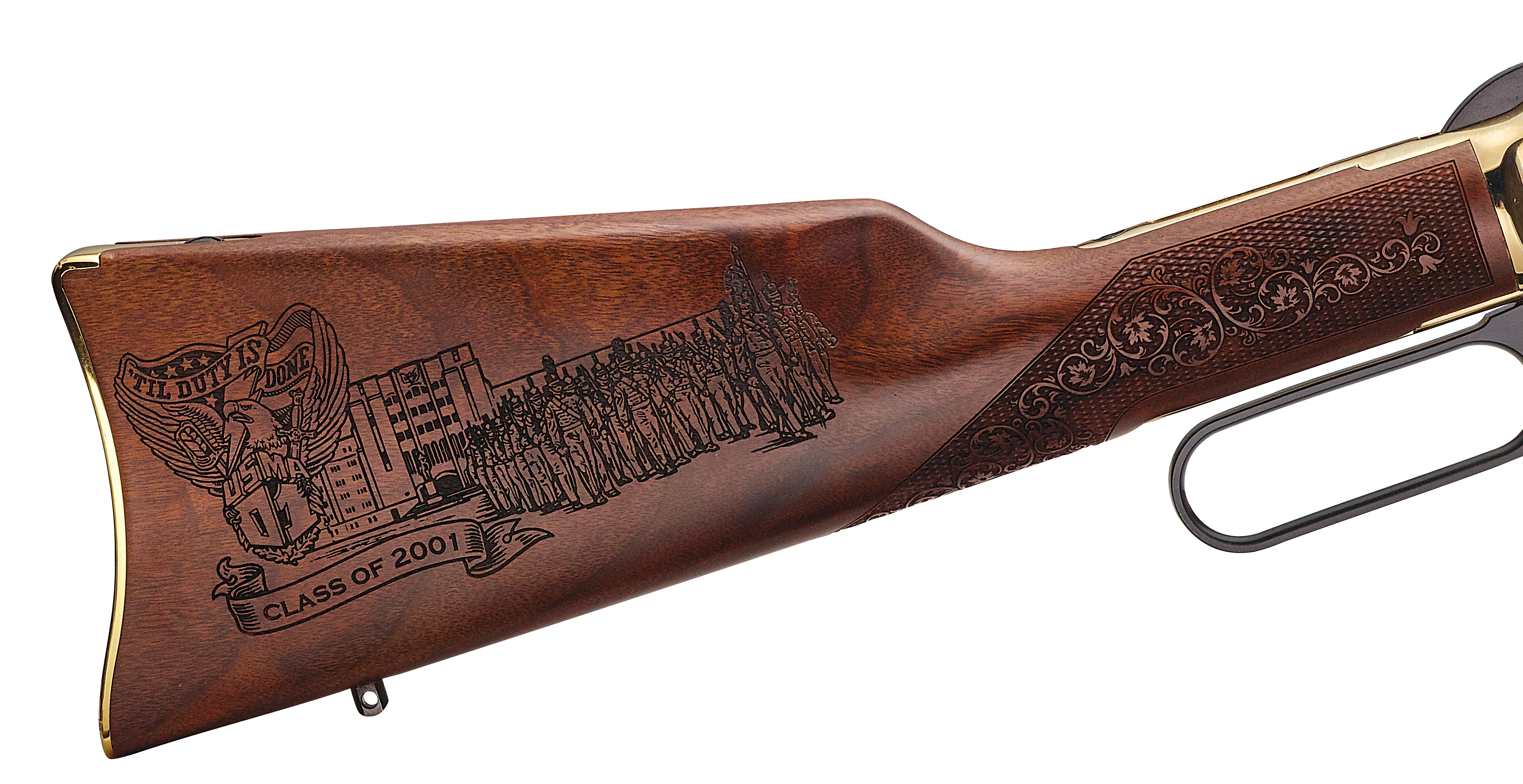 Custom Henry Golden Boy lever-action rifle with engraved department badge design on American walnut stock