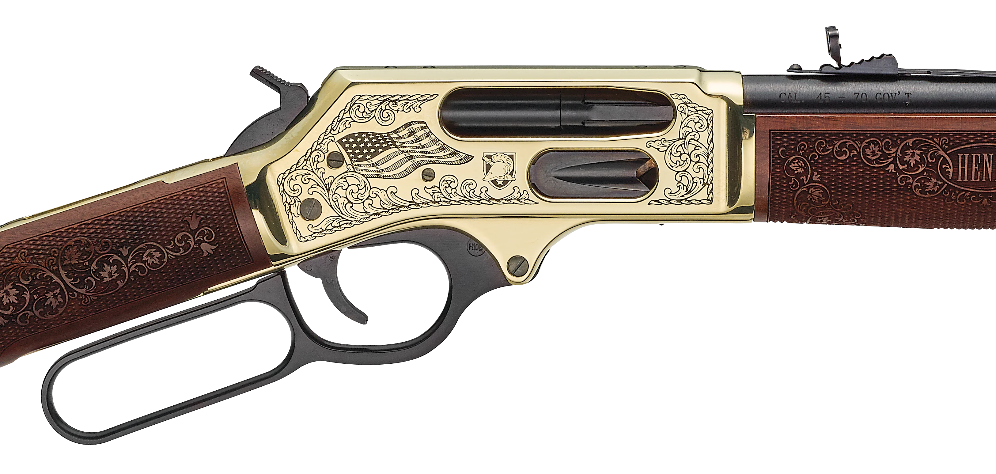 Custom Henry Golden Boy lever-action rifle with engraved department badge design on American walnut stock