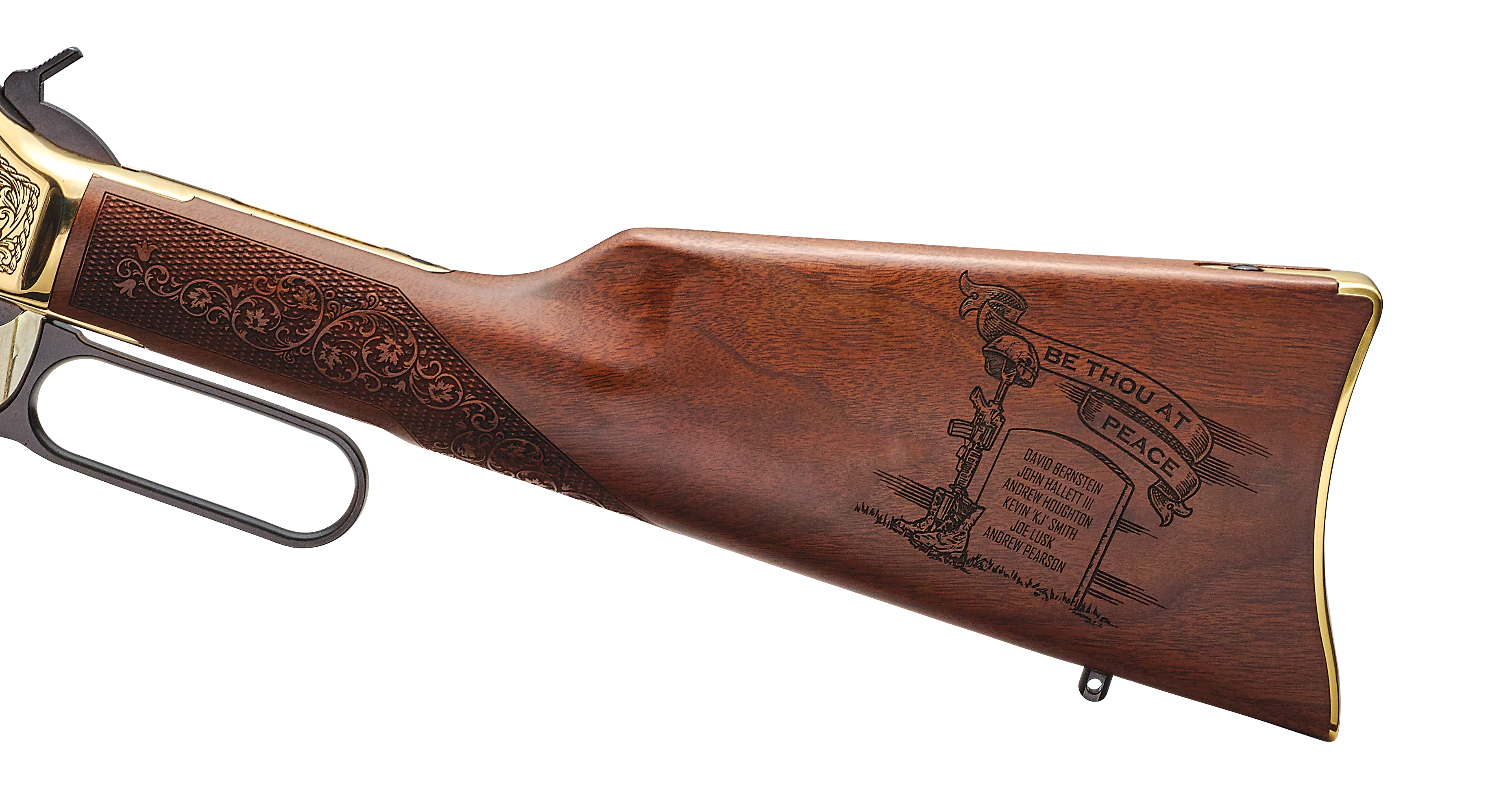 Custom Henry Golden Boy lever-action rifle with engraved department badge design on American walnut stock