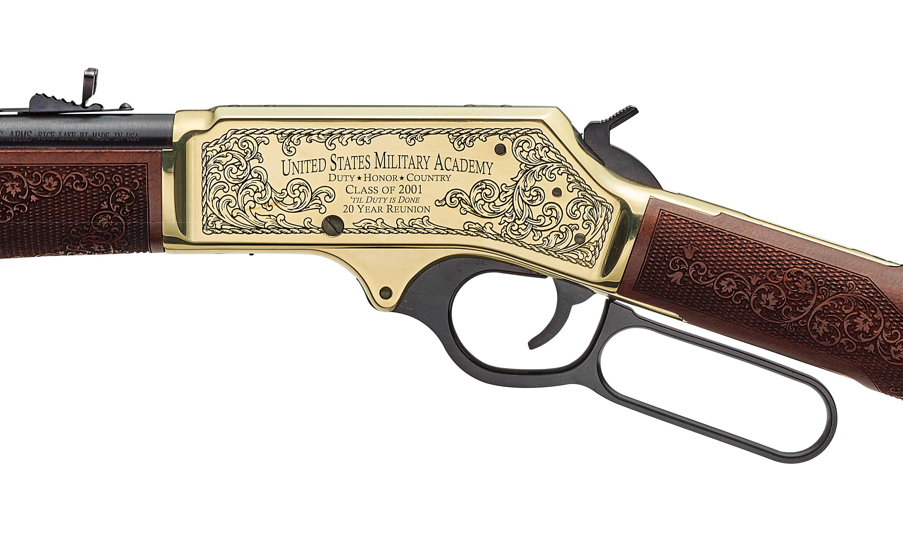 Custom Henry Golden Boy lever-action rifle with engraved department badge design on American walnut stock