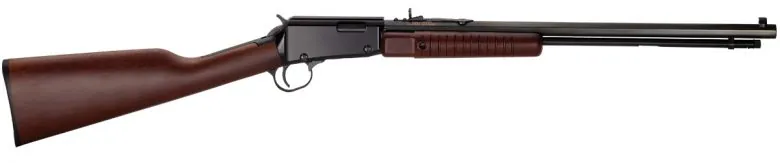 Side view of a pump action rifle against a white background