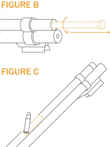 Illustrations from Henry Repeating Arms rifle instruction manual showing pump action mechanism and parts