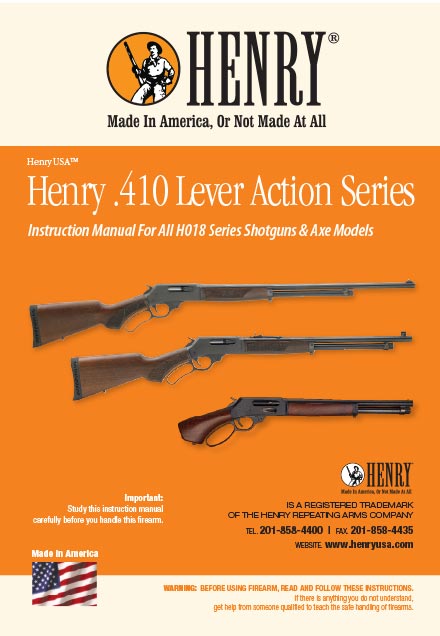 Henry 410 lever-action shotgun instruction manual cover showing various shotgun models