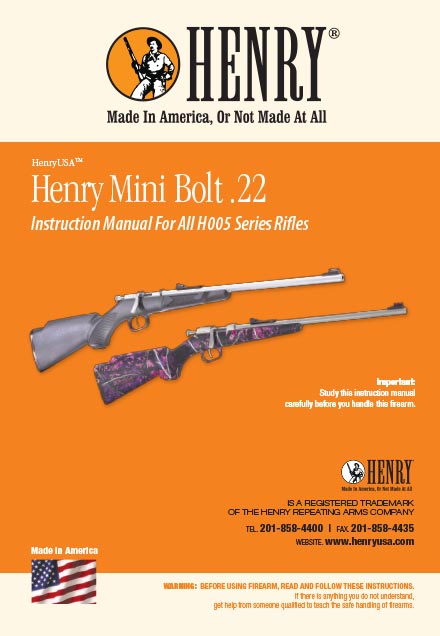 Henry Mini Bolt .22 S/L/LR Instruction Manual cover for All H005 Series Rifles