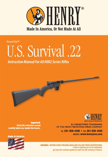 Henry U.S. Survival .22 rifle instruction manual cover showing a lever-action .22 LR rifle