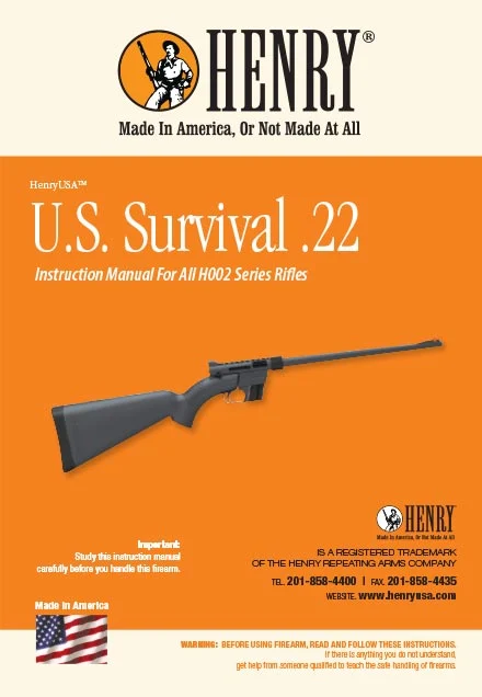 Henry U.S. Survival .22 rifle instruction manual cover showing a lever-action .22 LR rifle