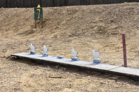 Small steel chicken-shaped targets lined up at a shooting range.